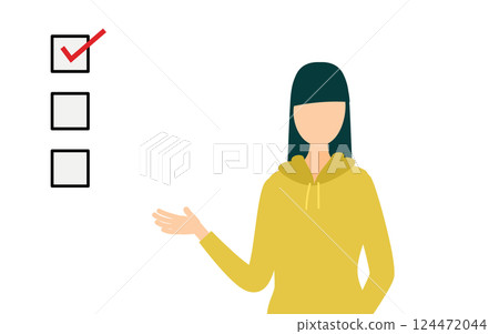 一個簡單的插圖，一位身穿卡其色連帽衫的女士正在說話，並展示一份清單 124472044