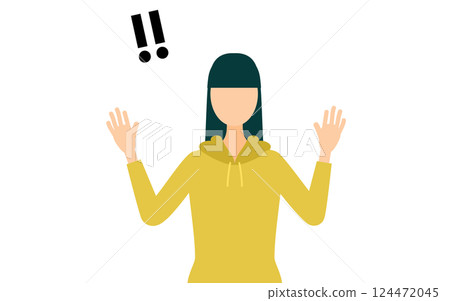 A simple illustration of a woman wearing a khaki hoodie raising her hands in surprise A simple illustration of a woman wearing a khaki hoodie raising her hands in surprise 124472045