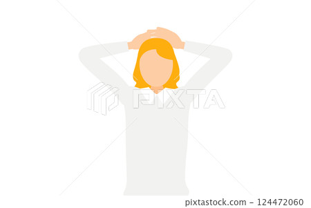 A simple illustration of a woman wearing a gray sweater with her hands behind her head 124472060