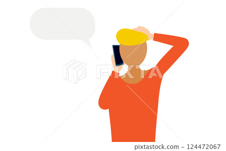 A simple illustration of a man in a red shirt talking on a smartphone 124472067