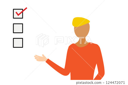 A simple illustration of a man in a red shirt showing a checklist and talking A simple illustration of a man in a red shirt showing a checklist and talking 124472071