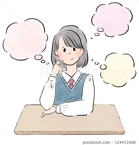 Illustration of a female student in uniform sitting at a desk and thinking with a speech bubble 124472086