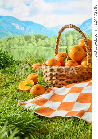 Vertical shot of green grass with a picnic fruit basket. Round ripe oranges stacked in a bamboo basket with handles on a field. Blue sky with looming mountains, white clouds and clear lake 124472286