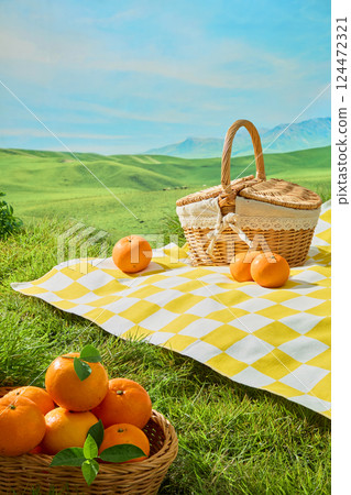 Checkered picnic rug placed on green lawn with mountains rising in the distance. A plate of fresh oranges placed next to picnic basket and a transparent glass filled with fresh orange juice. 124472321