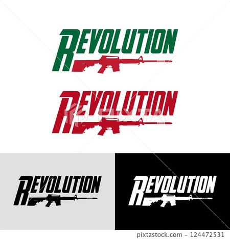 A logo design featuring the word "Revolution" with an assault rifle graphic. This is a logo design featuring the word "Revolution" with an assault rifle silhouette incorporated into the letters. A logo design featuring the word "Revolution" with an assault rifle graphic. This is a logo design featuring the word "Revolution" with an assault rifle silhouette incorporated into the letters. 124472531