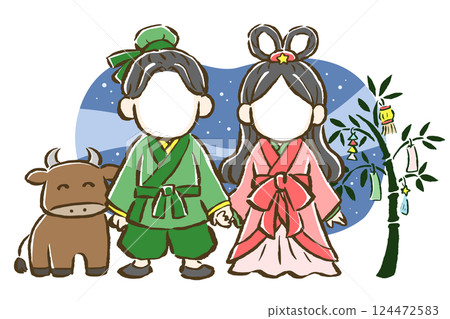 織姬和彥星的臉部插入圖，背景為竹草和銀河 124472583