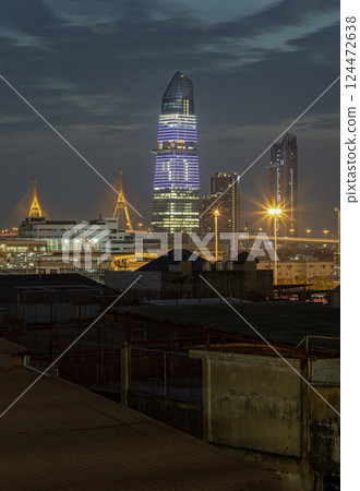 Stunning view of KingBridge tower alongside the iconic landmark of Bhumibol Bridge and Skyscrapers. Stunning view of KingBridge tower alongside the iconic landmark of Bhumibol Bridge and Skyscrapers. 124472638