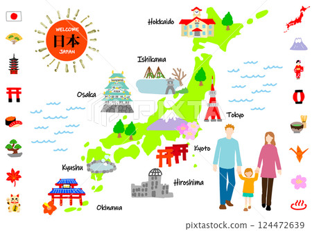 Flat illustration map of japan tourist destinations and family Flat illustration map of japan tourist destinations and family 124472639