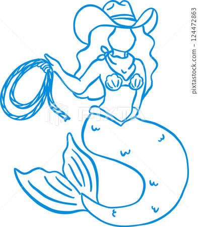 Coastal Cowgirl Mermaid with Surfboard Outline Playful Hand Draw 124472863