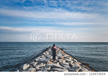 Back view of a woman looking at the sea Back view of a woman looking at the sea 124473054
