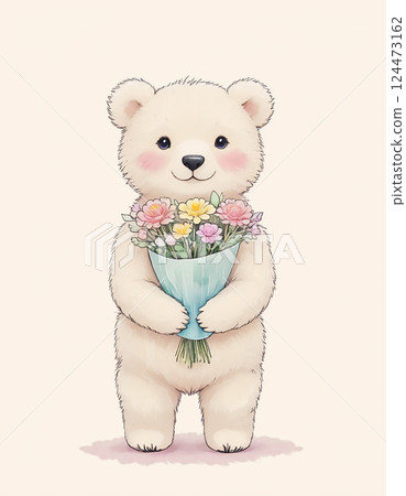 Illustration of a bear holding a bouquet of flowers, thank you, congratulations, thanks, message Illustration of a bear holding a bouquet of flowers, thank you, congratulations, thanks, message 124473162