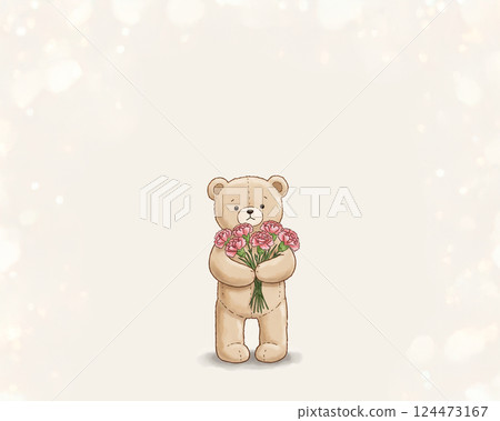 泰迪熊拿著一束康乃馨母親節感謝問候 泰迪熊拿著一束康乃馨母親節感謝問候 124473167