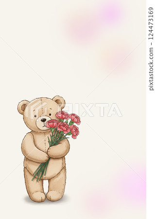Teddy bear holding a bouquet of carnations Mother's Day Thank you Greeting 124473169