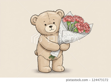 泰迪熊拿著一束康乃馨母親節感謝問候 124473172