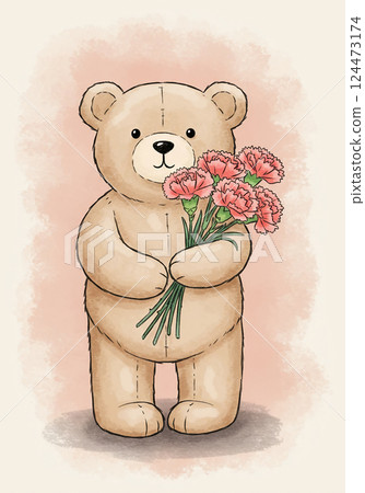 Teddy bear holding a bouquet of carnations Mother's Day Thank you Greeting 124473174