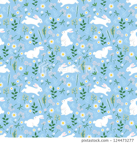 Seamless pattern with hand drawn cute rabbits and wildflowers on spring garden for happy easter 124473277