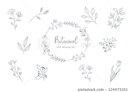 Simple leaf line drawing illustration set navy blue 124473281