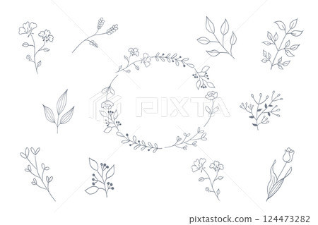 Simple leaf line drawing illustration set navy blue 124473282