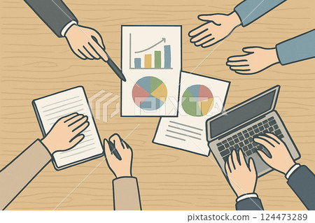 Illustration of a meeting scene seen from above and business people surrounding documents 124473289