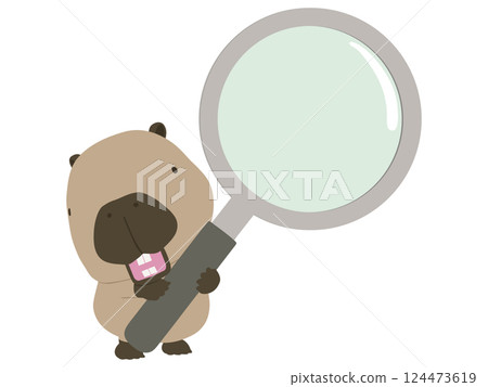 Smiling capybara holding a magnifying glass Smiling capybara holding a magnifying glass 124473619