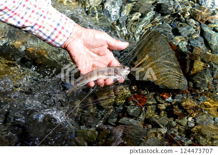 A man fishing with lures in the Hayato River in Tanzawa A man fishing with lures in the Hayato River in Tanzawa 124473707