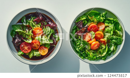 Fresh Mixed Greens Salad with Balsamic Vinaigrette in Bowls 124473817
