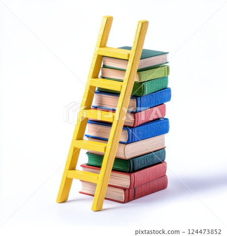 Colorful Stacked Books with Little Yellow Ladder Isolated on White 124473852