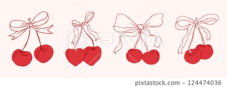 Cherry with bow coquette girly fruit, tie ribbon sketchy doodle drawing, y2k retro aesthetic. Whimsical cute cherry. Cherry with bow coquette girly fruit, tie ribbon sketchy doodle drawing, y2k retro aesthetic. Whimsical cute cherry. 124474036