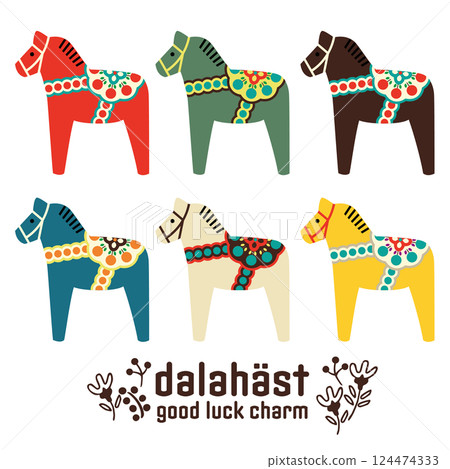 色彩繽紛可愛的 Dalahäst（達拉馬）向量插圖集 124474333