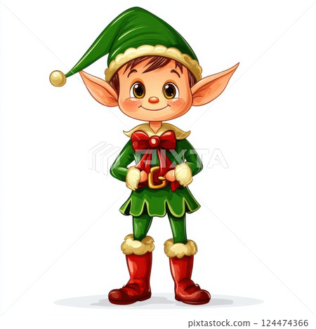Cheerful Cartoon Character of an Elf in a Festive Green Outfit 124474366