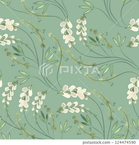 Textile seamless floral pattern with wild grasses and flowers. Design for kitchen home textiles, tablecloths, curtains, bed linen, dress fabrics, wrapping paper. 124474590
