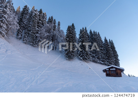 Alpine cottage covered in deep snow in the Bavarian Alps, Germany Alpine cottage covered in deep snow in the Bavarian Alps, Germany 124474719