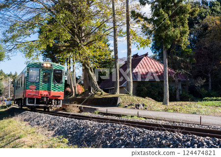 [Mooka Line] A local train passing by a temple 124474821