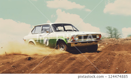 Vintage rally car splashing the dirt in retro 70s styled scene. Generated AI. 124474885