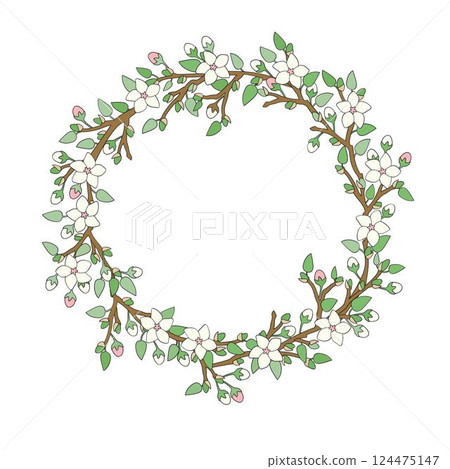 Circle frame Flower wreath of blossoming  apple tree branches. Circle frame Flower wreath of blossoming  apple tree branches. 124475147