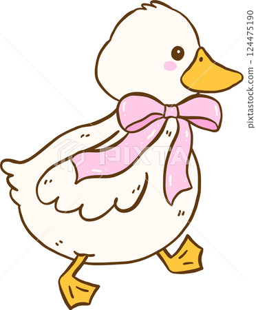 Cute White Duck with Pink Bow Walking Springtime Aesthetic Cartoon Doodle Hand Draw Cute White Duck with Pink Bow Walking Springtime Aesthetic Cartoon Doodle Hand Draw 124475190