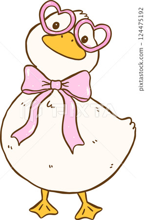 Cute White Duck with Pink Bow with Heart Glasses Springtime Aesthetic Cartoon Doodle Hand Draw Cute White Duck with Pink Bow with Heart Glasses Springtime Aesthetic Cartoon Doodle Hand Draw 124475192