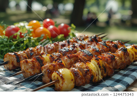 Juicy skewers grilled outdoors 124475343