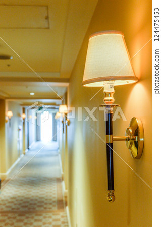 A view of the hallway with the lighted bracket lights 124475453