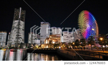 Winter: Yokohama Minato Mirai Bay Area Towers Mirai Lights on all buildings, Rainbow Ferris Wheel is Vivid 124476003