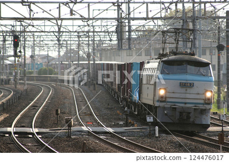Freight train on the JR Kyoto Line (pulled by EF66-0 series electric locomotive) 124476017