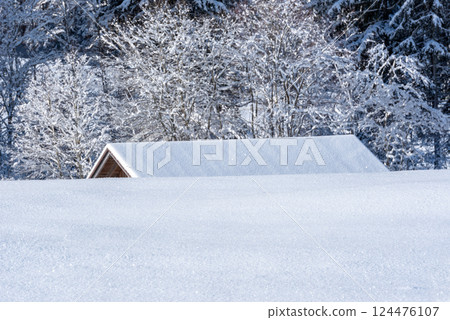 Snowy scenery in the Bavarian Alps with log cabin rooftop snow-covered 124476107