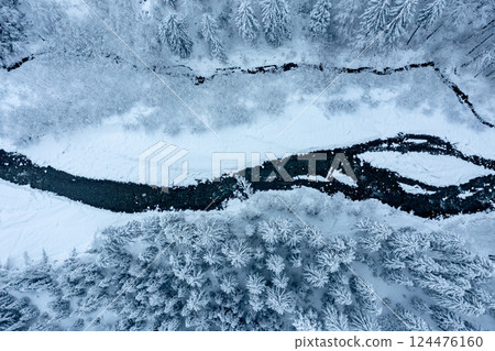 Drone image with snowy forest and river in the Bavarian Alps, Germany 124476160
