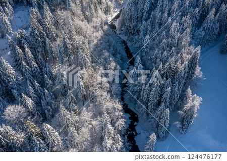 River flowing in the deep snow forest, aerial view in the Bavarian Alps, Germany River flowing in the deep snow forest, aerial view in the Bavarian Alps, Germany 124476177