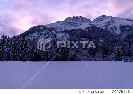Winter scenery at sunset with snow-covered nature in the Bavarian Alps, Germany 124476196
