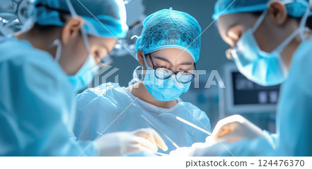 Surgeons in sterile operating room performing precise surgical procedure 124476370