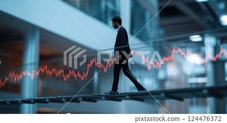 businessman confidently walking across glass bridge with red stock market graph overlay 124476372