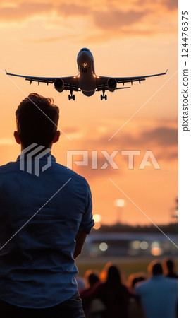 man watches airplane landing at sunset, creating serene and awe inspiring moment 124476375