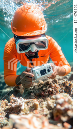 diver in orange gear explores coral reefs with underwater camera, showcasing marine life 124476391