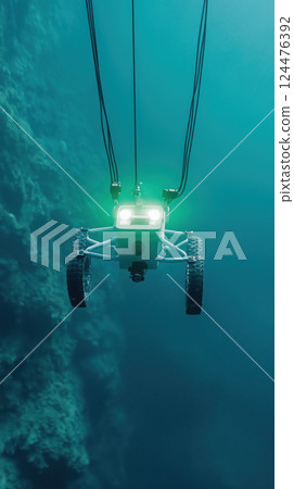 AI driven robot exploring underwater terrain with bright lights and advanced technology AI driven robot exploring underwater terrain with bright lights and advanced technology 124476392